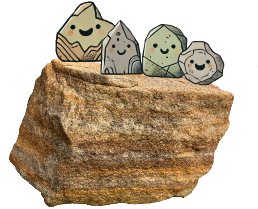 Four smiling cartoon rocks sitting on a block of sandstone, the Everybody Be Gneiss family of rocks